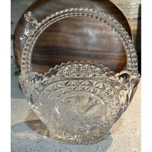 VTG HOFBAUER BYRDES LEAD CRYSTAL CUT GLASS HANDLED BASKET DIAMOND & BIRD DESIGN